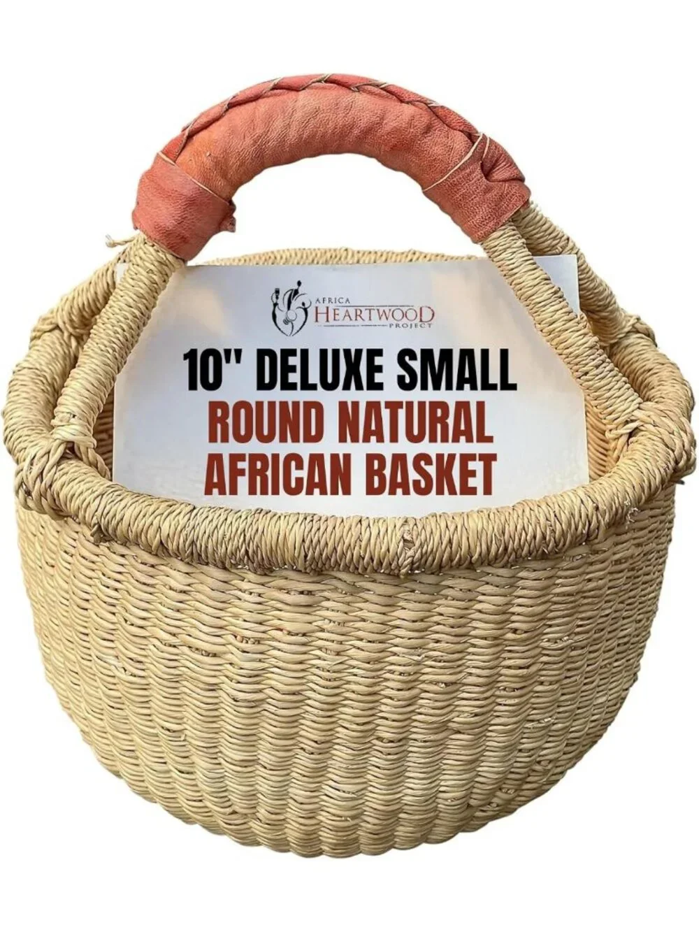 Natural African Basket with Leather Handle - Handmade Bolga Market Basket 10